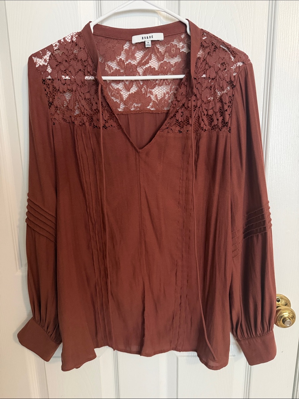 Lace-Yoke Long Sleeve Blouse in Rust